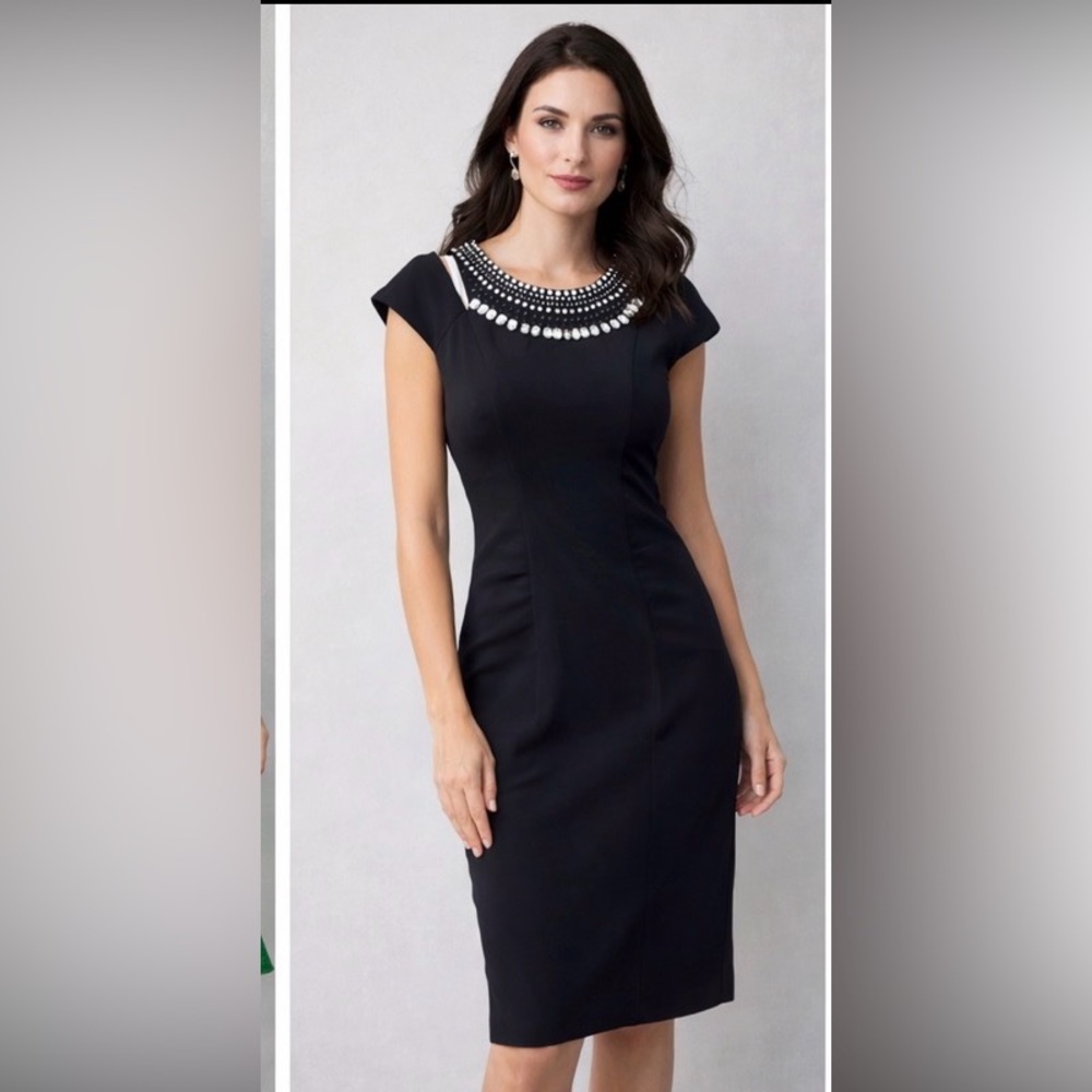 VINCE CAMUTO Black Beaded Rhinestone Sheath Cocktail Dress Cold Shoulder Size 8
